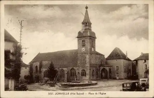 Ak Jonvelle Haute Saône, Place de l'Eglise, Kirche, Brunnen