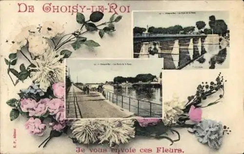 Passepartout Ak Choisy le Roi Val de Marne, Brücke, Blumenstrauss