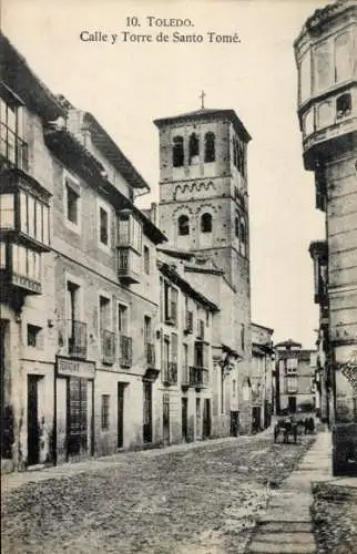 Ak Toledo Kastilien La Mancha Spanien, Straße und Turm von Santo Tome