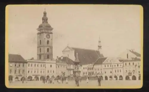 CdV Fotografie Tschechien, Budweis, Marktplatz, Schwarzer Turm, Samsonbrunnen