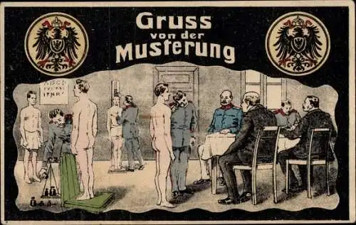 Ak Gruss von der Musterung, Wiegen der künftigen Soldaten, Kaiserlicher Wappen