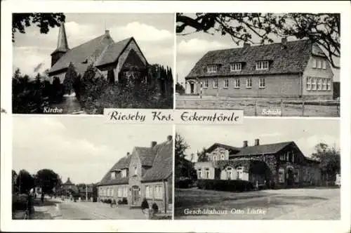 Ak Rieseby in Schleswig Holstein, Kirche, Schule, Geschäftshaus