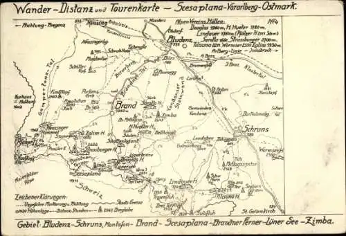 Landkarten Ak Brand in Vorarlberg, Wander-Distanz- und Tourenkarte