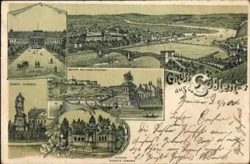 Litho Koblenz am Rhein, Gesamtansicht, Schloss, Kaiser-Wilhelm-Denkmal