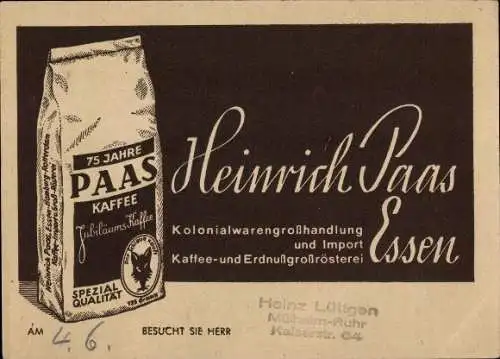 Ak Essen im Ruhrgebiet, Werbung Paas-Kaffee, Heinrich Paas, Erdnussgroßrösterei