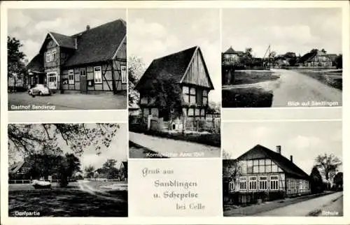 Ak Sandlingen und Schepelse Eicklingen in Niedersachsen, Gasthof Sandkrug, Schule, Kornspeicher