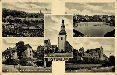 Ak Tschernjachowsk Insterburg Ostpreußen, Sportplatz, Schloss, Kriegerdenkmal, Kirche, Georgenburg