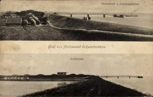 Ak Eckwarderhörne Butjadingen Wesermarsch, Strandhalle, Landungsbrücke, Badestrand