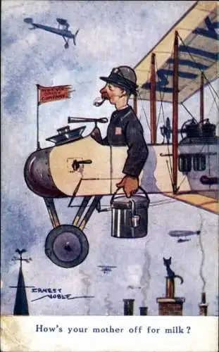 Künstler Ak Pilot raucht Pfeife, Flugzeuge, Milch-Transport