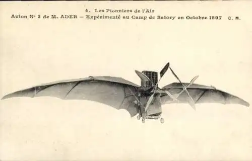 Ak Pioneers of the Air, Mr. Aders Flugzeug, experimentiert im Camp de Satory, 1897