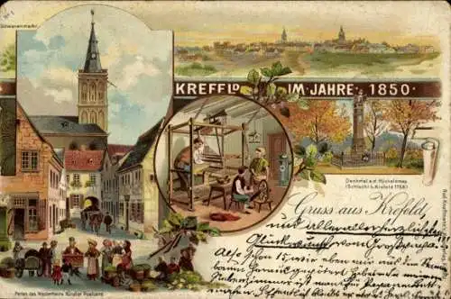 Litho Krefeld am Niederrhein, Stadt im Jahre 1850, Denkmal, Teppichweber, Spinnrad