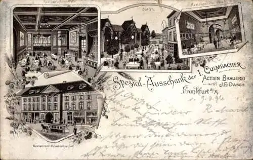 Litho Frankfurt am Main, Culmbacher Hof, J.E. Dasch, Garten, Säle