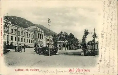 Relief Ak Bad Harzburg am Harz, Badehaus mit Burgberg