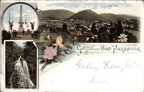 Litho Bad Harzburg am Harz, Canossa Denkmal, Panorama vom Ort, Radauwasserfall