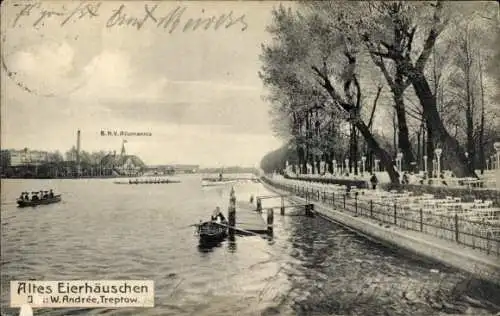 Ak Berlin Treptow,  Anlegestelle am Alten Eierhäuschen, Inhaber W. Andre, Ruderboote