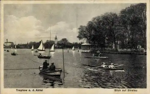 Ak Berlin Treptow, an der Abtei, Blick auf Stralau, Boote auf der Spree