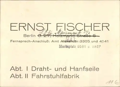 Ak Berlin Mitte, Ernst Fischer, Draht- und Hanfseile, Fahrstuhlfabrik