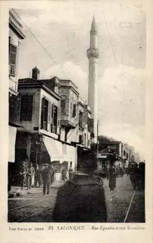 Ak Saloniki Griechenland, Rue Egnatia mit der Moschee