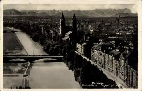 Ak München Bayern, Teilansicht, Isar, Brücke, Kirche, Zugspitzgruppe