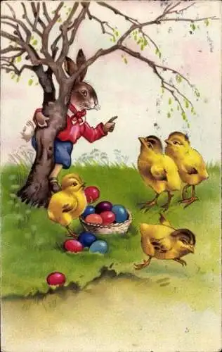 Ak Ostern, Vermenschlichte Osterhasen und Küken