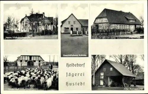 Ak Hustedt Celle, Heidedorf, Jägerei, Heim-Volkshochschule, Dorfschule, Geschäftshaus Kuhnke, Schafe