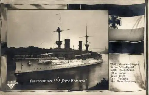 Passepartout Ak Deutsches Kriegsschiff, SMS Fürst Bismarck, Panzerkreuzer