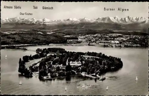 Ak Insel Mainau im Bodensee, Panorama, Berner Alpen, Chur Firsten, Altmann Säntis, Glärnisch, Tödi