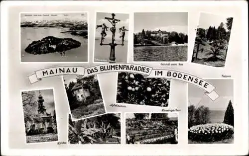 Ak Insel Mainau im Bodensee, Schwedenschenke, Rosengarten, Kirche, Luftaufnahme, Schwedenkreuz