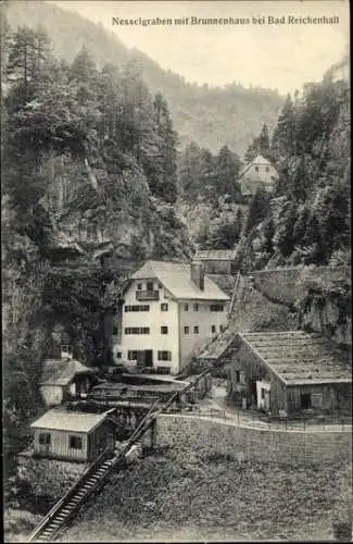 Ak Bad Reichenhall in Oberbayern, Nesselgraben mit Brunnenhaus