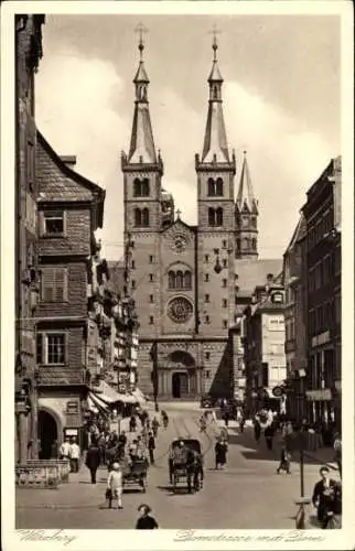 Ak Würzburg am Main Unterfranken, Blick in die Domstraße, Kutsche, Passanten