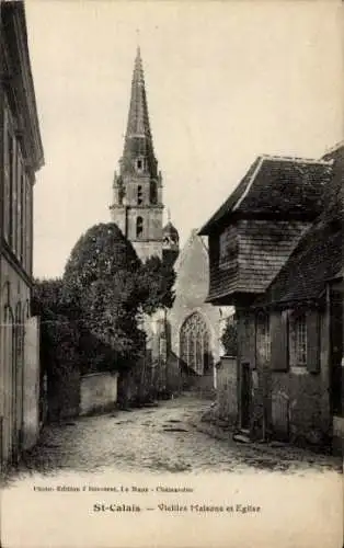 Ak Saint Calais Sarthe, alte Häuser, Kirche