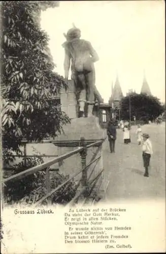 Ak Hansestadt Lübeck, Merkurstatue, Gedicht Zu Lübeck auf der Brücken