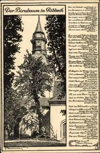 Künstler Ak Ribbeck Nauen im Havelland, Der Birnenbaum, Kirche, Gedicht v. Theodor Fontane