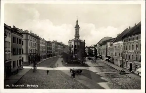 Ak Traunstein Oberbayern, Stadtplatz, Kirche, Geschäfte