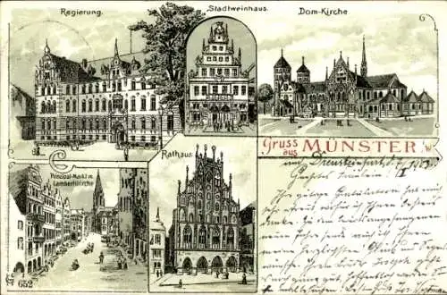 Litho Münster in Westfalen, Regierung, Domkirche, Rathaus, Stadtweinhaus