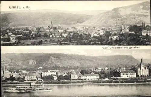 Ak Unkel am Rhein, Blick auf den Ort vom Unkelstein aus, Salondampfer