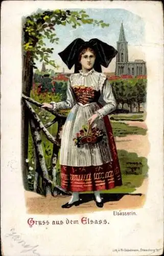 Litho Elsässerin in Tracht, Standportrait