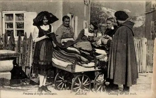 Ak Elsässer Tracht, Händler, Stoff-Verkauf