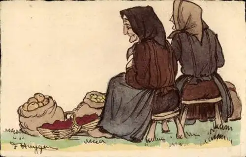 Künstler Ak Huygen, Französische Volkstracht, Markt, Händlerinnen, Waren