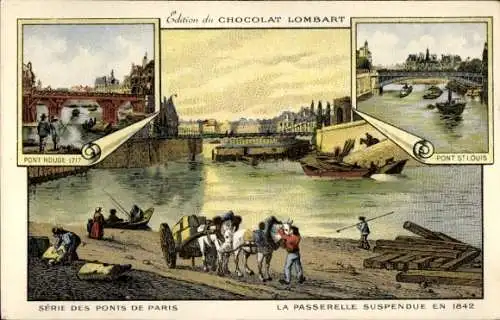 Litho Paris, La Passerelle Suspendu en 1842, Pont St. Louis, Pont Rouge, Chocolat Lombart, Reklame