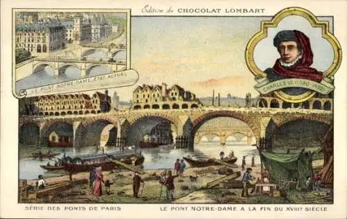 Litho Paris, Le Pont Notre Dame, Charles VI, Chocolat Lombart, Reklame