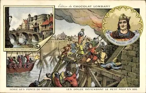 Litho Paris, Les Douze Defendant le Petit Pont en 886, Charles VI, Chocolat Lombart, Reklame