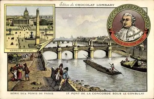 Litho Paris, Pont de la Concorde unter dem Konsulat, Ludwig XVI., Chocolat Lombart, Reklame