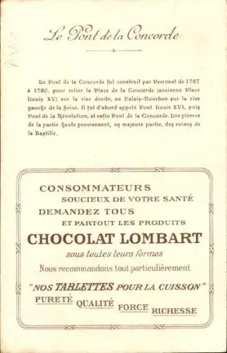 Litho Paris, Pont de la Concorde unter dem Konsulat, Ludwig XVI., Chocolat Lombart, Reklame