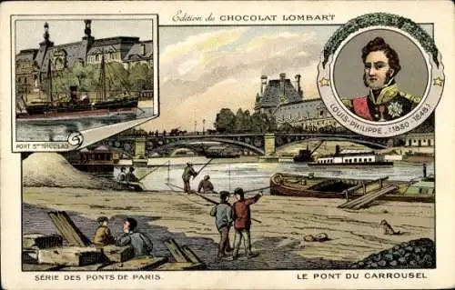 Litho Paris, Le Pont du Carrousel, Louis Philippe, Chocolat Lombart, Reklame, Angler