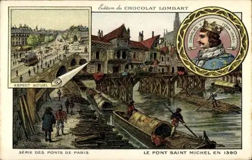 Litho Paris, Le Pont Saint Michelen, Charles V, Chocolat Lombart, Reklame