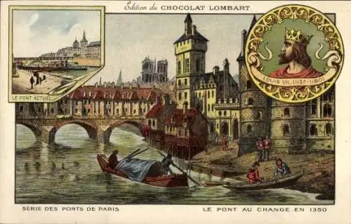 Litho Paris, Pont au Change im Jahr 1350, Ludwig VII., Chocolat Lombart, Reklame