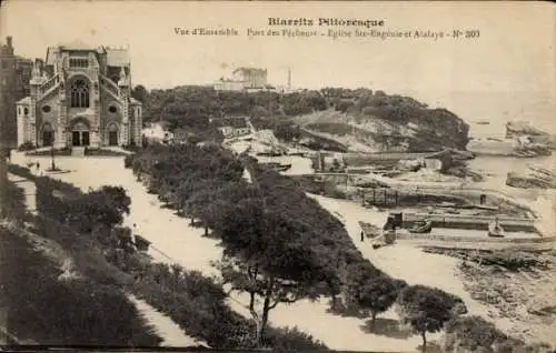 Ak Biarritz Pyrénées Atlantiques, Übersicht, Port des Pecheurs, Kirche St. Eugenie