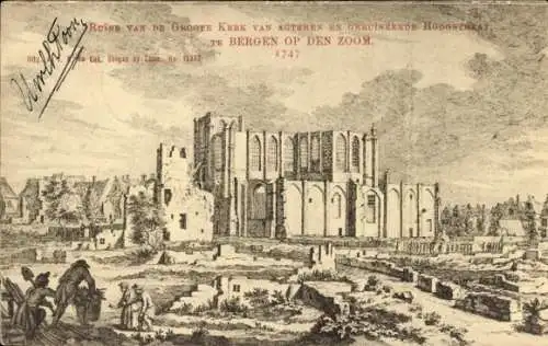 Künstler Ak Bergen op Zoom Nordbrabant Niederlande, Ruine der Groote Kerk