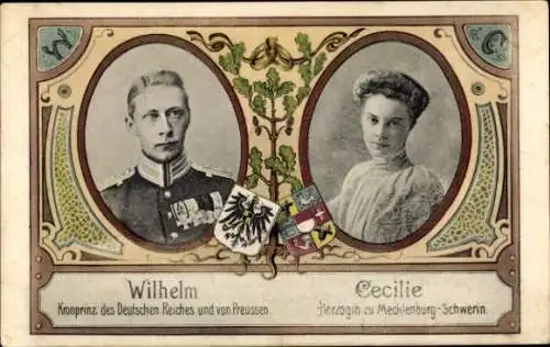 Passepartout Ak Kronprinz Wilhelm, Herzogin Cecilie zu Mecklenburg-Schwerin, Wappen